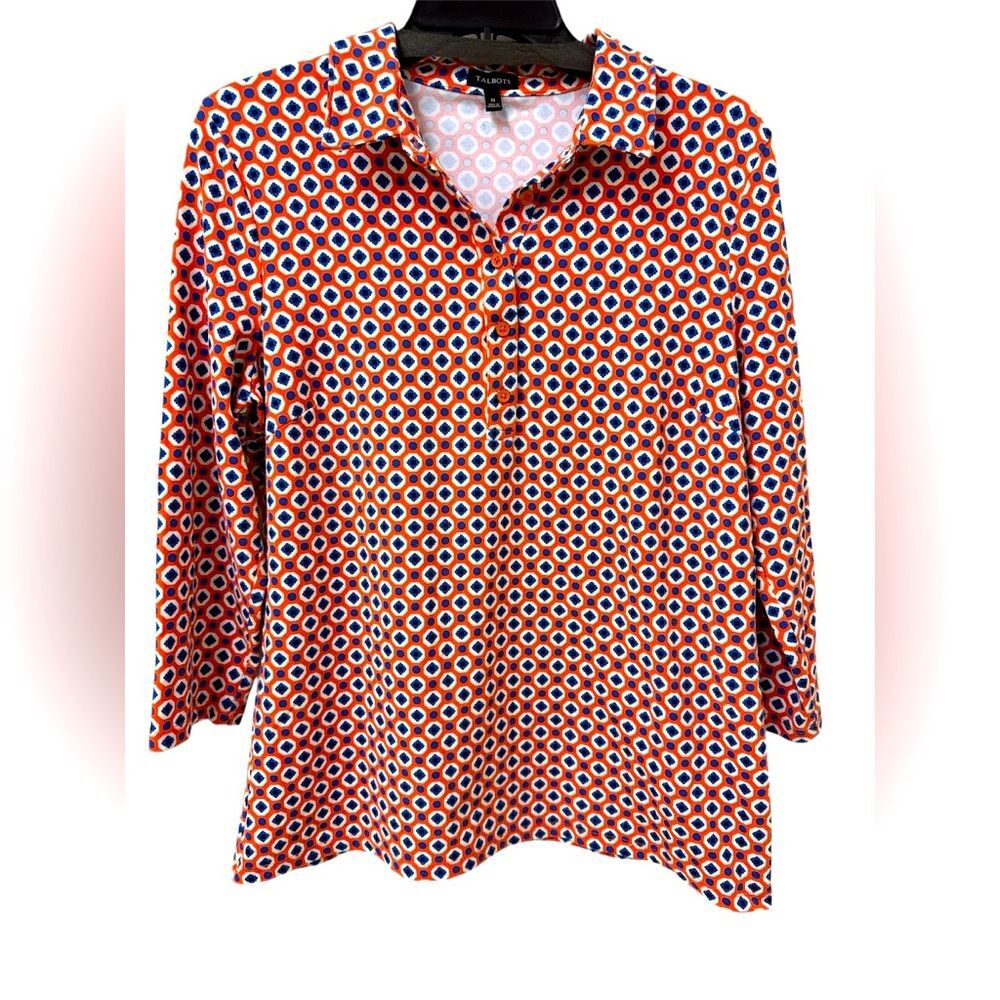 TALBOTS Womenโs Tunic Button Up 3/4โ Sleeves Orange Blue Multi Geo Print Medium